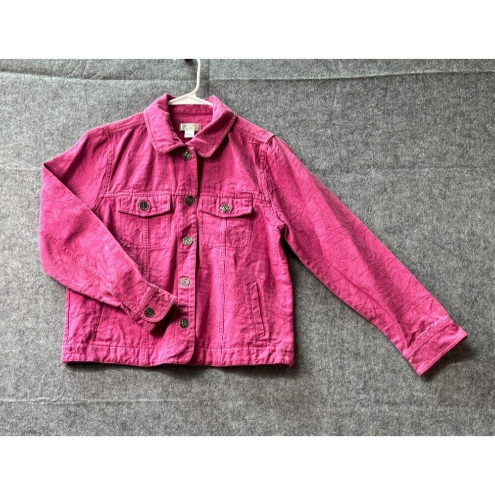 Christopher & Banks Womens S Pink Jacquard Trucker Jacket Button Front Floral